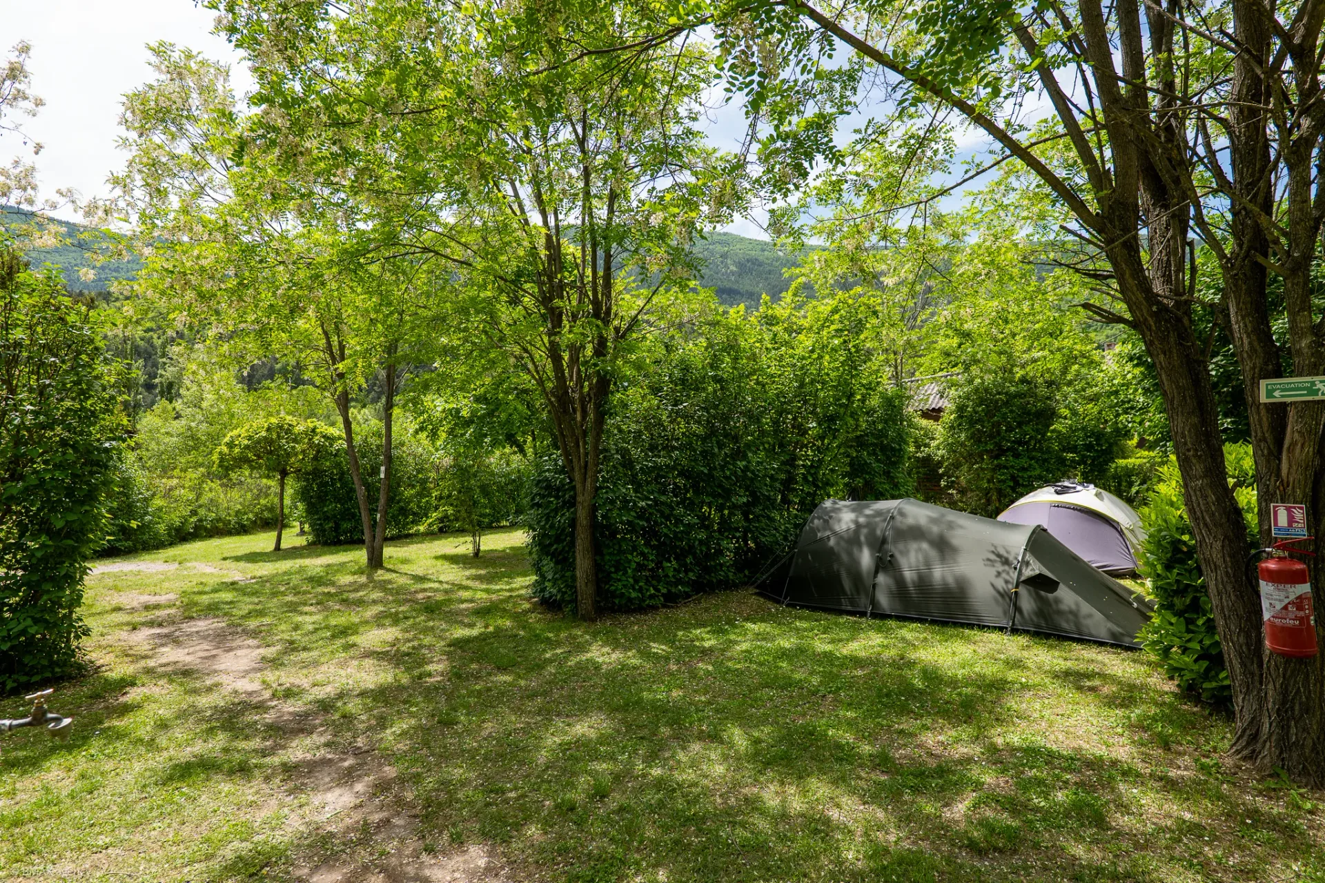Emplacement nature ombragé avec tente au camping La Ribière